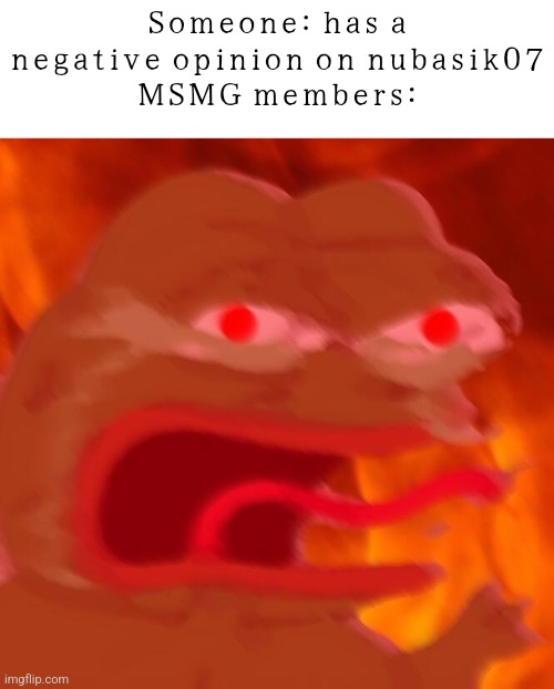 angry crying frog | Someone: has a negative opinion on nubasik07
MSMG members: | image tagged in angry crying frog | made w/ Imgflip meme maker