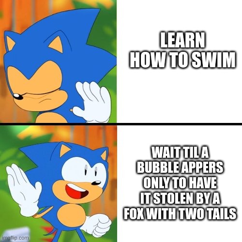 I think this has happened to more than one person | LEARN HOW TO SWIM; WAIT TIL A BUBBLE APPERS ONLY TO HAVE IT STOLEN BY A FOX WITH TWO TAILS | image tagged in sonic mania | made w/ Imgflip meme maker