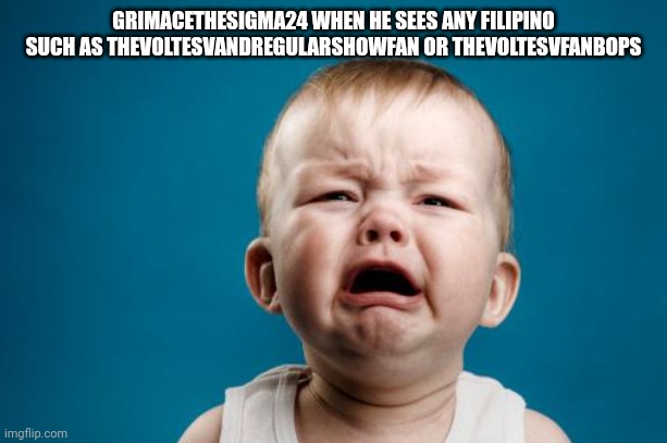 crybaby | GRIMACETHESIGMA24 WHEN HE SEES ANY FILIPINO SUCH AS THEVOLTESVANDREGULARSHOWFAN OR THEVOLTESVFANBOPS | image tagged in crybaby | made w/ Imgflip meme maker