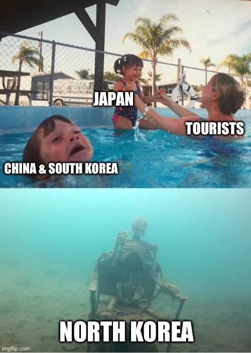 Asian Tourism | JAPAN; TOURISTS; CHINA & SOUTH KOREA; NORTH KOREA | image tagged in swimming pool kids,japan,china,south korea,north korea,tourism | made w/ Imgflip meme maker