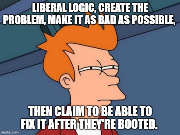 Futurama Fry | LIBERAL LOGIC, CREATE THE PROBLEM, MAKE IT AS BAD AS POSSIBLE, THEN CLAIM TO BE ABLE TO FIX IT AFTER THEY'RE BOOTED. | image tagged in memes,futurama fry | made w/ Imgflip meme maker