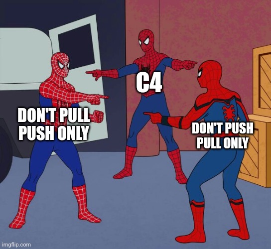 Spider Man Triple | DON'T PULL
PUSH ONLY C4 DON'T PUSH
PULL ONLY | image tagged in spider man triple | made w/ Imgflip meme maker