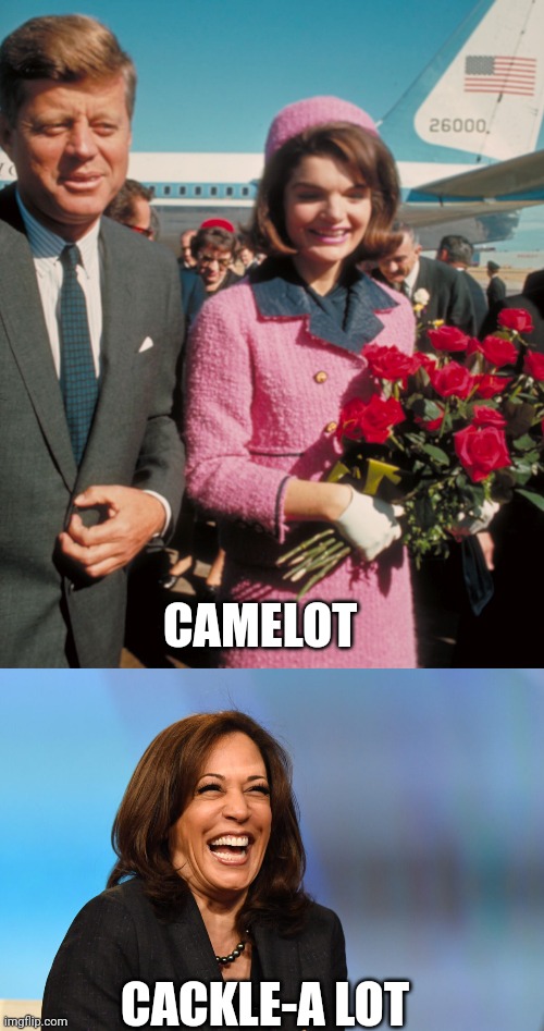 DNC has fallen far | CAMELOT; CACKLE-A LOT | image tagged in jfk jackie kennedy bloody pink dress,kamala harris laughing | made w/ Imgflip meme maker