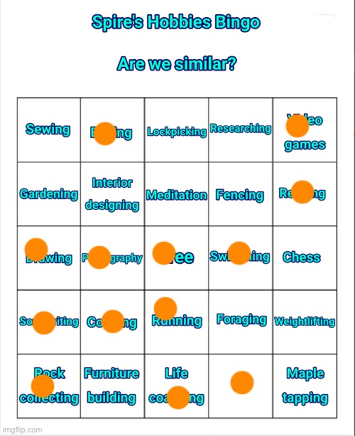 Spire's Hobbies Bingo | image tagged in spire's hobbies bingo | made w/ Imgflip meme maker