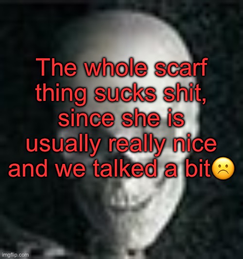 . | The whole scarf thing sucks shit, since she is usually really nice and we talked a bit☹️ | image tagged in skull | made w/ Imgflip meme maker