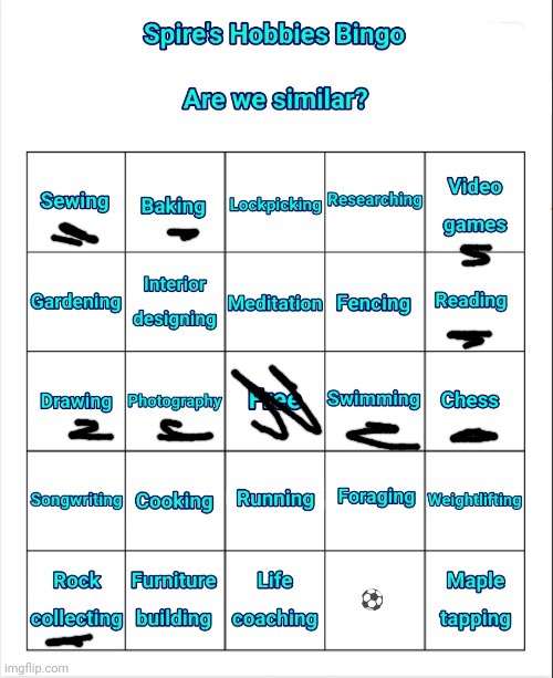 Spire's Hobbies Bingo | image tagged in spire's hobbies bingo | made w/ Imgflip meme maker