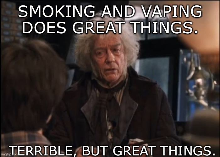 E | SMOKING AND VAPING DOES GREAT THINGS. TERRIBLE, BUT GREAT THINGS. | image tagged in harry gets his wand | made w/ Imgflip meme maker