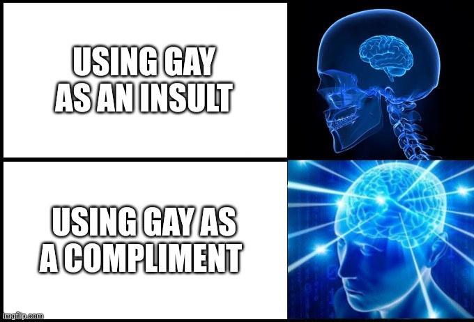 If you read this you are gay | USING GAY AS AN INSULT; USING GAY AS A COMPLIMENT | image tagged in galaxy brain 2 panels fixed | made w/ Imgflip meme maker