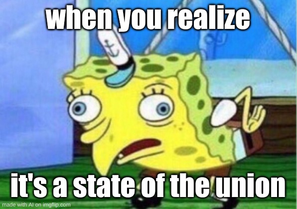 Mocking Spongebob Meme | when you realize; it's a state of the union | image tagged in memes,mocking spongebob | made w/ Imgflip meme maker