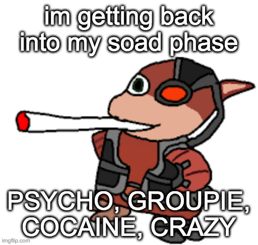 grox with a fat blunt | im getting back into my soad phase; PSYCHO, GROUPIE, COCAINE, CRAZY | image tagged in grox with a fat blunt | made w/ Imgflip meme maker