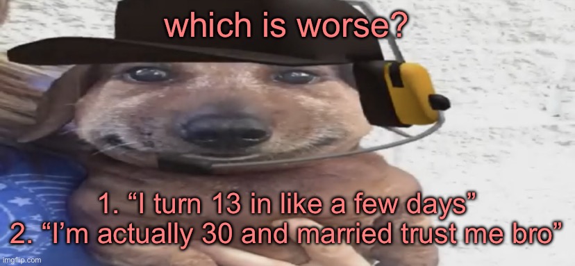 chucklenuts | which is worse? 1. “I turn 13 in like a few days”
2. “I’m actually 30 and married trust me bro” | image tagged in chucklenuts | made w/ Imgflip meme maker