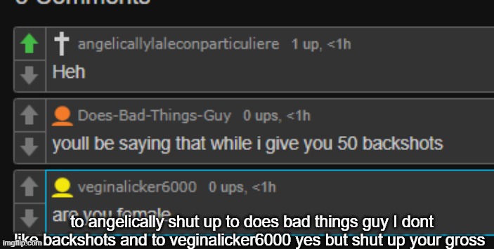 to angelically shut up to does bad things guy I dont like backshots and to veginalicker6000 yes but shut up your gross | made w/ Imgflip meme maker