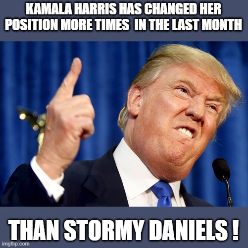 Kamala Keeps Changing | KAMALA HARRIS HAS CHANGED HER POSITION MORE TIMES  IN THE LAST MONTH; THAN STORMY DANIELS ! | image tagged in donald trump,kamala harris | made w/ Imgflip meme maker