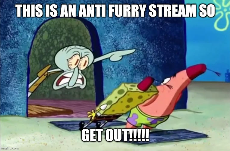 Squidward get out of my house | THIS IS AN ANTI FURRY STREAM SO GET OUT!!!!! | image tagged in squidward get out of my house | made w/ Imgflip meme maker