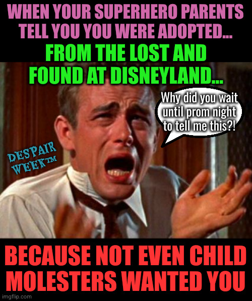 troll level: superhero | WHEN YOUR SUPERHERO PARENTS
TELL YOU YOU WERE ADOPTED... FROM THE LOST AND FOUND AT DISNEYLAND... Why did you wait until prom night to tell me this?! DESPAIR WEEK™; BECAUSE NOT EVEN CHILD
MOLESTERS WANTED YOU | image tagged in crying man,despair week | made w/ Imgflip meme maker