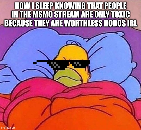 you can all touch some grass (p.s your toxic comments are weak) | HOW I SLEEP KNOWING THAT PEOPLE IN THE MSMG STREAM ARE ONLY TOXIC BECAUSE THEY ARE WORTHLESS HOBOS IRL | image tagged in homer simpson sleeping peacefully | made w/ Imgflip meme maker