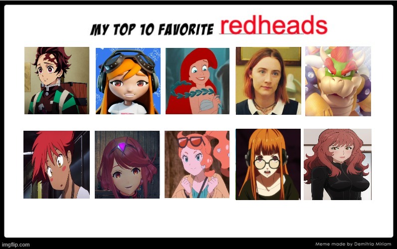 top 10 favorite redheads | image tagged in top 10 favorite redheads,gingers,anime,videogames,comics/cartoons,movies | made w/ Imgflip meme maker