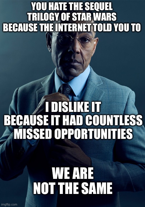 I need to say it | YOU HATE THE SEQUEL TRILOGY OF STAR WARS BECAUSE THE INTERNET TOLD YOU TO; I DISLIKE IT BECAUSE IT HAD COUNTLESS MISSED OPPORTUNITIES; WE ARE NOT THE SAME | image tagged in gus fring we are not the same,star wars,disney star wars,if you know what i mean bean,why,haters | made w/ Imgflip meme maker