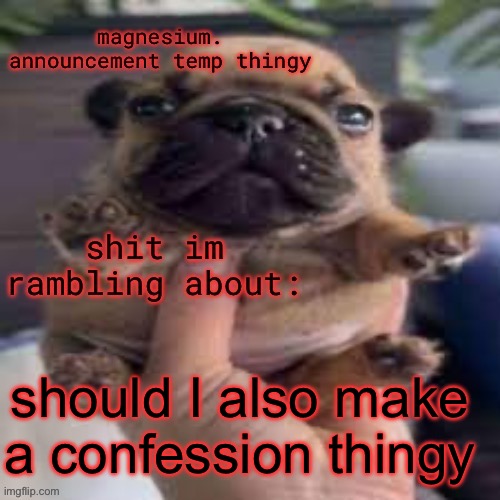 pug temp | should I also make a confession thingy | image tagged in pug temp | made w/ Imgflip meme maker