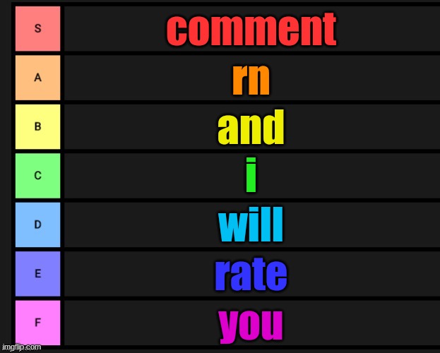 Tier List | comment; rn; and; i; will; rate; you | image tagged in tier list | made w/ Imgflip meme maker