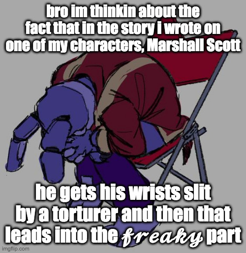 what the fuck was i thinkin dawg | bro im thinkin about the fact that in the story i wrote on one of my characters, Marshall Scott; he gets his wrists slit by a torturer and then that leads into the 𝓯𝓻𝓮𝓪𝓴𝔂 part | image tagged in depressed bonnie | made w/ Imgflip meme maker