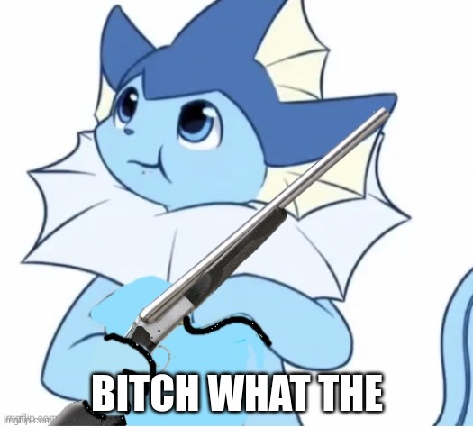 Vaporeon with gun | BITCH WHAT THE | image tagged in vaporeon with gun | made w/ Imgflip meme maker