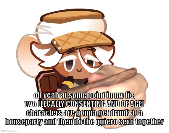 smore cookie with a blunt | oh yeah at some point in my fic, two [LEGALLY CONSENTING AND OF AGE] characters are gonna get drunk at a houseparty and then do the quiero sexo together | image tagged in smore cookie with a blunt | made w/ Imgflip meme maker