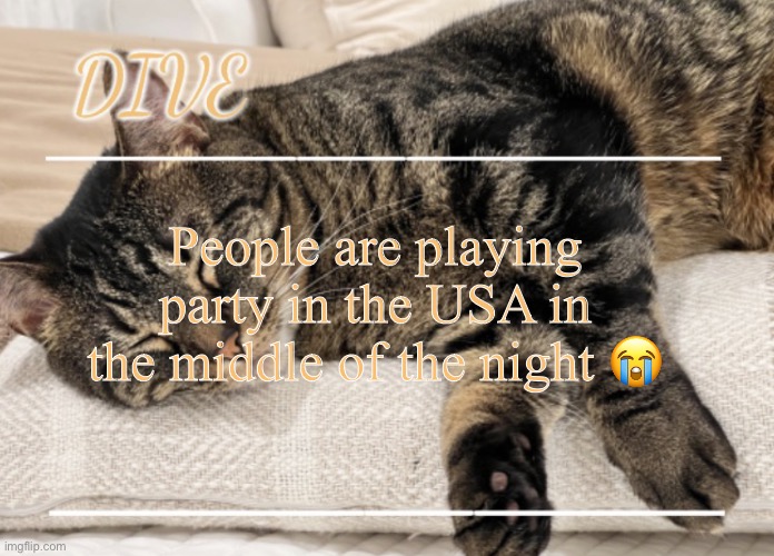 I genuinely can’t sleep right now | People are playing party in the USA in the middle of the night 😭 | image tagged in dive s cat announcement temp,dive | made w/ Imgflip meme maker