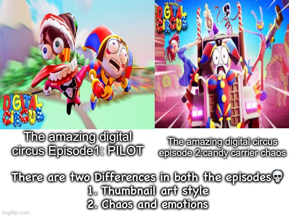 ?????? | The amazing digital circus episode 2:candy carrier chaos; The amazing digital circus Episode1: PILOT; There are two Differences in both the episodes💀
1. Thumbnail art style
2. Chaos and emotions | image tagged in blank white template | made w/ Imgflip meme maker