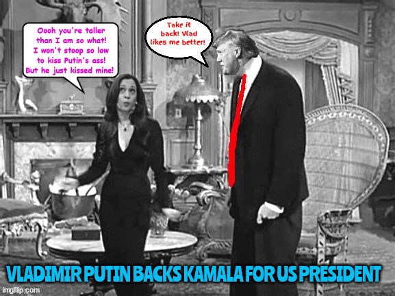 Trump's Tall Tale | image tagged in trump's tall tale,maga midgetbrain,addams family,putin favors harris,maga mockery,morticia lurch | made w/ Imgflip meme maker