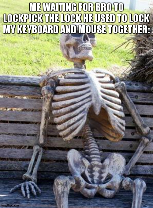 it 10pm and he is still going, | ME WAITING FOR BRO TO LOCKPICK THE LOCK HE USED TO LOCK MY KEYBOARD AND MOUSE TOGETHER: | image tagged in memes,waiting skeleton | made w/ Imgflip meme maker