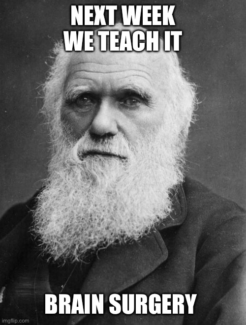 Charles Darwin | NEXT WEEK WE TEACH IT BRAIN SURGERY | image tagged in charles darwin | made w/ Imgflip meme maker