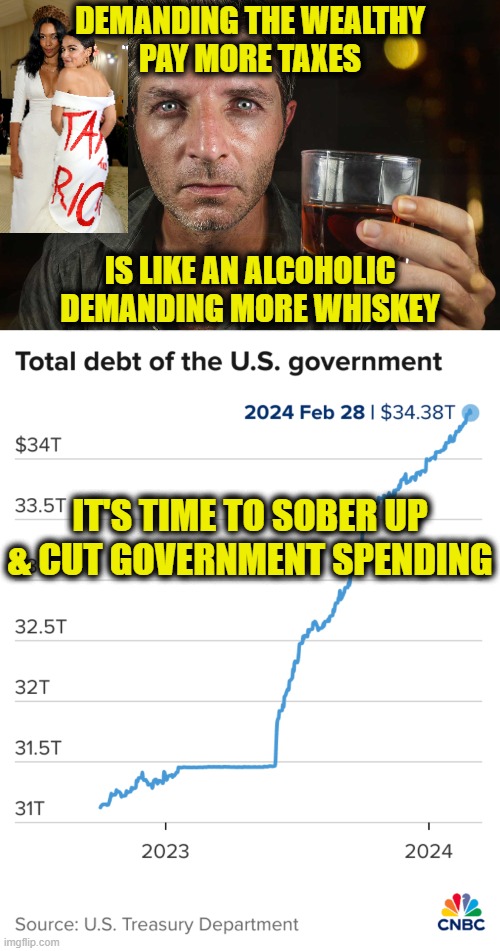 1st step is admitting the problem | DEMANDING THE WEALTHY
PAY MORE TAXES; IS LIKE AN ALCOHOLIC DEMANDING MORE WHISKEY; IT'S TIME TO SOBER UP
& CUT GOVERNMENT SPENDING | image tagged in inflation | made w/ Imgflip meme maker