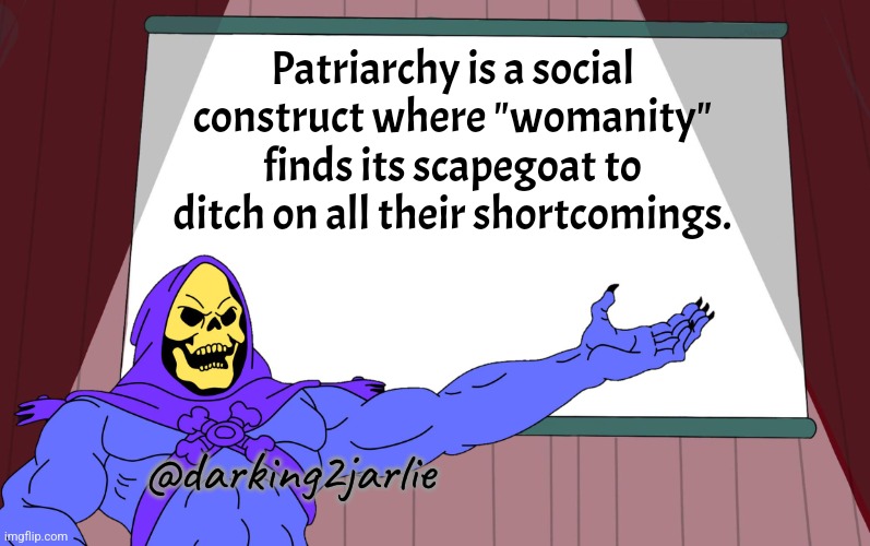 Nature is misogynistic | Patriarchy is a social construct where "womanity" finds its scapegoat to ditch on all their shortcomings. @darking2jarlie | image tagged in skeletor presents,misogyny,patriarchy,socialism,liberal logic,liberals | made w/ Imgflip meme maker