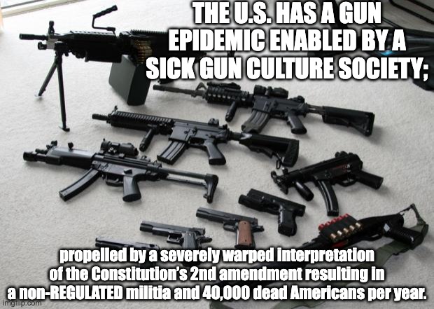 Guns USA | THE U.S. HAS A GUN EPIDEMIC ENABLED BY A SICK GUN CULTURE SOCIETY;; propelled by a severely warped interpretation of the Constitution’s 2nd amendment resulting in a non-REGULATED militia and 40,000 dead Americans per year. | image tagged in guns,mass shooting,assault weapons,nra,gun control | made w/ Imgflip meme maker