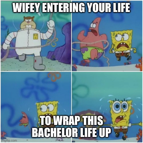 Wifey Ending Bachelorhood | WIFEY ENTERING YOUR LIFE; TO WRAP THIS BACHELOR LIFE UP | image tagged in sandy chasing spongebob | made w/ Imgflip meme maker