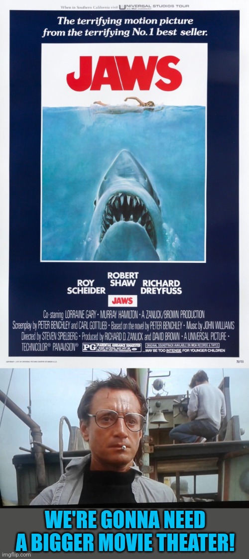 Don't go into the Mall | WE'RE GONNA NEED A BIGGER MOVIE THEATER! | image tagged in we're gonna need a bigger boat,jaws,original,movie poster,1970's | made w/ Imgflip meme maker