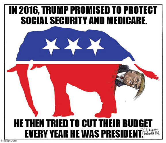 Trump's campaign promises are worthless. | IN 2016, TRUMP PROMISED TO PROTECT 
SOCIAL SECURITY AND MEDICARE. HE THEN TRIED TO CUT THEIR BUDGET 
EVERY YEAR HE WAS PRESIDENT. | image tagged in gop republican elephant trump poo,trump,campaign,promises,worthless | made w/ Imgflip meme maker