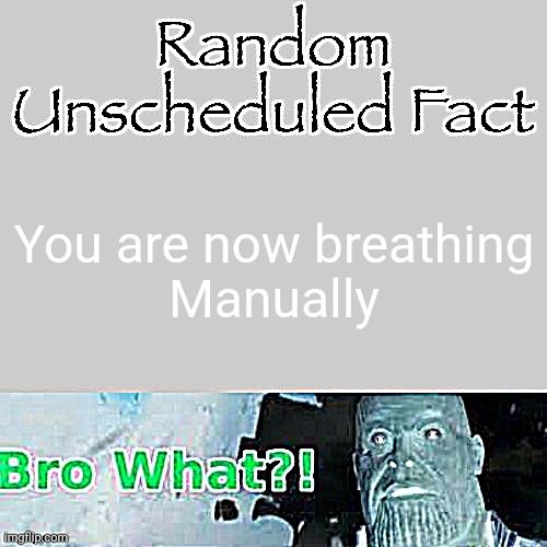 Random Unscheduled Fact | You are now breathing
Manually | image tagged in random unscheduled fact | made w/ Imgflip meme maker