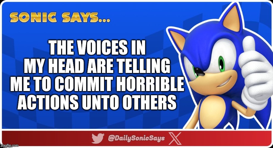 Sonic Says #32 | THE VOICES IN MY HEAD ARE TELLING ME TO COMMIT HORRIBLE ACTIONS UNTO OTHERS | image tagged in sonic says v3 | made w/ Imgflip meme maker