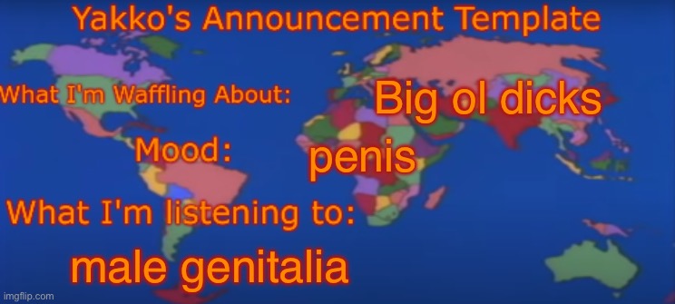 Yakko's Announcement Template V4 | Big ol dicks; penis; male genitalia | image tagged in yakko's announcement template v4 | made w/ Imgflip meme maker