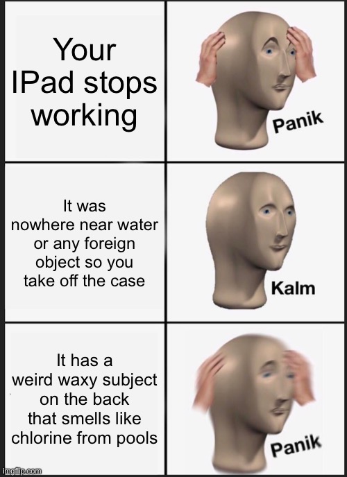 This has happened to me | Your IPad stops working; It was nowhere near water or any foreign object so you take off the case; It has a weird waxy subject on the back that smells like chlorine from pools | image tagged in memes,panik kalm panik | made w/ Imgflip meme maker