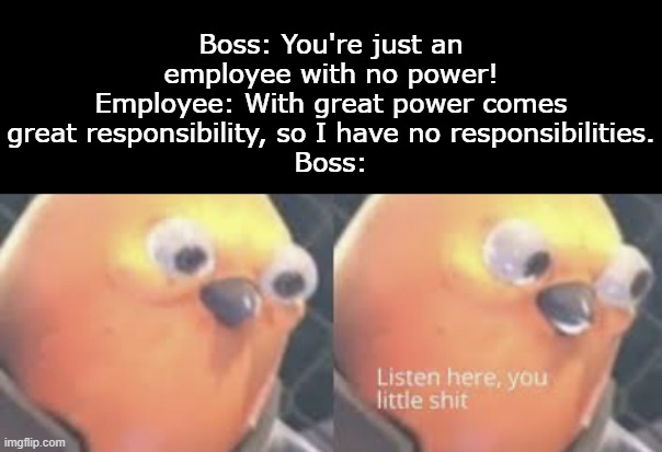 Loophole? | Boss: You're just an employee with no power!
Employee: With great power comes great responsibility, so I have no responsibilities.
Boss: | image tagged in listen here you little shit bird,funny,memes | made w/ Imgflip meme maker