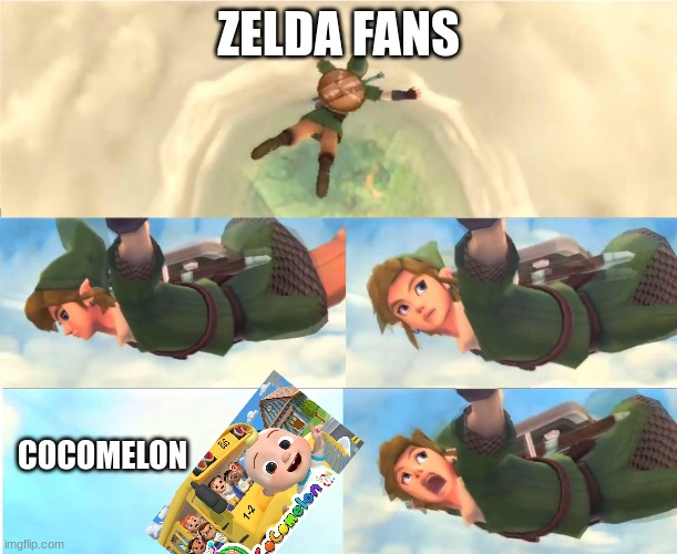 The bus is about to fall on poor Link | ZELDA FANS; COCOMELON | image tagged in link falling,fun,funny memes,cocomelon | made w/ Imgflip meme maker