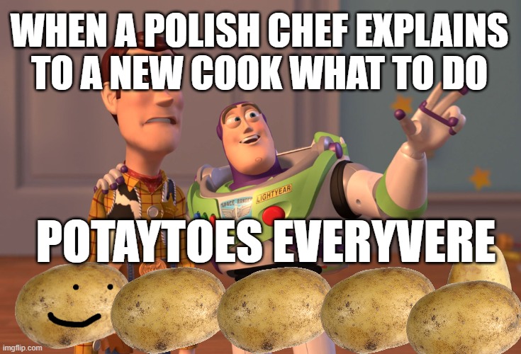 typical polish restaurant | WHEN A POLISH CHEF EXPLAINS TO A NEW COOK WHAT TO DO; POTAYTOES EVERYVERE | image tagged in memes,x x everywhere | made w/ Imgflip meme maker