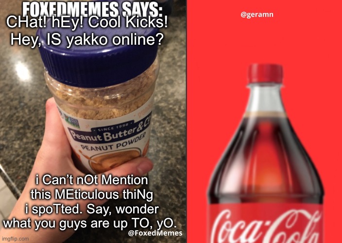 FoxedMemes and geramn template | CHat! hEy! Cool Kicks! Hey, IS yakko online? i Can’t nOt Mention this MEticulous thiNg i spoTted. Say, wonder what you guys are up TO, yO. | image tagged in foxedmemes and geramn template | made w/ Imgflip meme maker