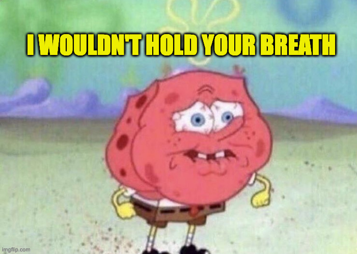 Spongebob Holding Breath | I WOULDN'T HOLD YOUR BREATH | image tagged in spongebob holding breath | made w/ Imgflip meme maker