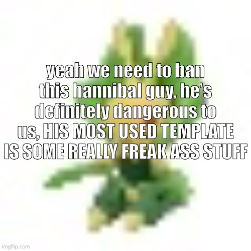 144p Leavanny | yeah we need to ban this hannibal guy, he’s definitely dangerous to us, HIS MOST USED TEMPLATE IS SOME REALLY FREAK ASS STUFF | image tagged in 144p leavanny | made w/ Imgflip meme maker