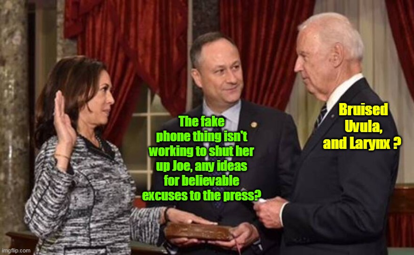 Joe gives his Sage Advice, Modern Problems require Old tried and true solutions | The fake phone thing isn't working to shut her up Joe, any ideas for believable excuses to the press? Bruised Uvula, and Larynx ? | image tagged in kamala bruised larynx meme | made w/ Imgflip meme maker