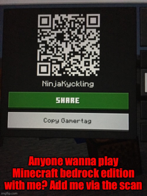 Anyone wanna play Minecraft bedrock edition with me? Add me via the scan | made w/ Imgflip meme maker